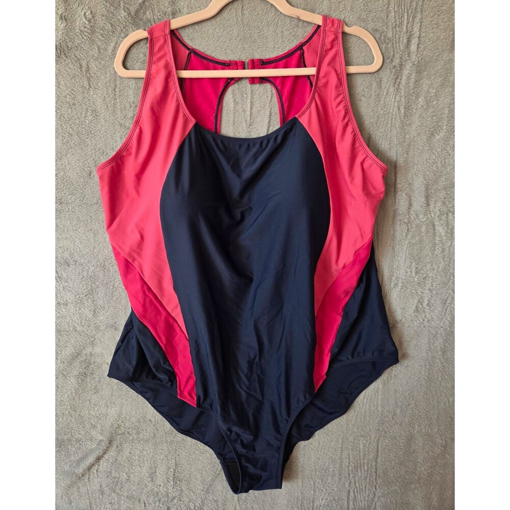 Women's One-Piece Swimsuit Size 30 D Cup Pink Navy Colorblock Stretch Padded